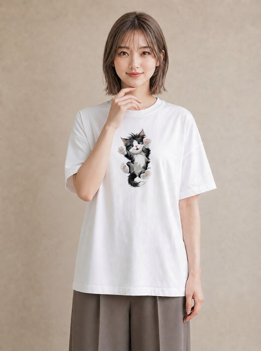 グラフィックTシャツ レディース 靴下猫 猫 ねこ イラスト カジュアル 20代 カジュアルコーデ 白T YMAZO