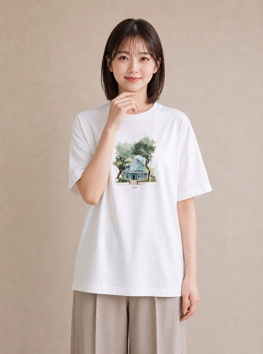 プリントTシャツ レディース 灯りの家 小屋 夜 ナチュラル アンティーク イラスト レイヤード 友達ギフト 白T YMAZO