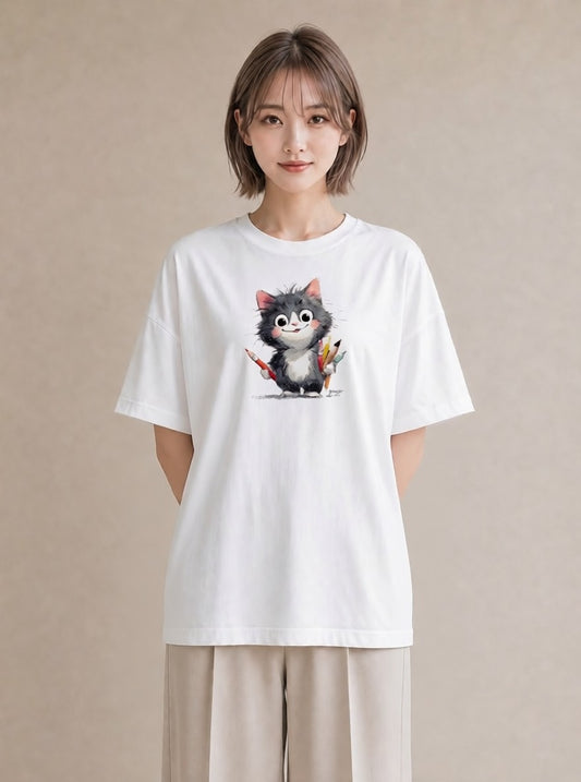 プリントTシャツ レディース ハチワレ 白黒猫 猫 ねこ イラスト 水彩風 旅行用 海 白T YMAZO