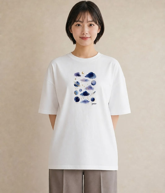 プリントTシャツ レディース 双子座 星空 宇宙 イラスト ボタニカル 敬老の日 ホワイトデー 白T YMAZO