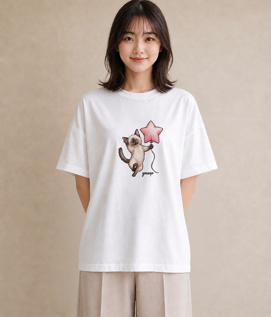 Tシャツ レディース シャム柄 猫 ねこ イラスト ナチュラル 母の日 ビーチ 白T YMAZO