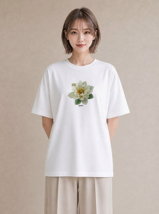 グラフィックTシャツ レディース 蓮 花 花柄 イラスト ゆるコーデ デート 帰省 白T YMAZO