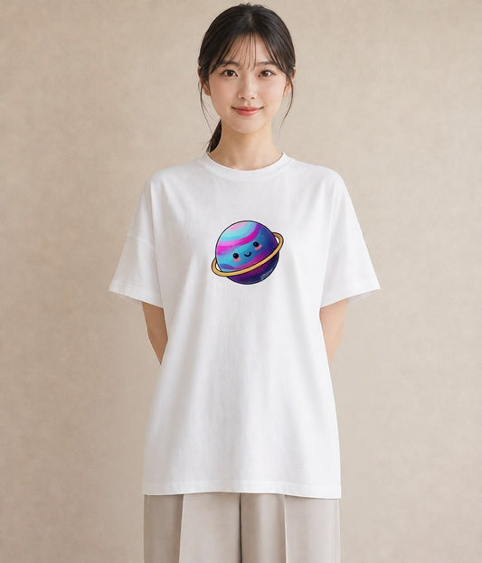 グラフィックTシャツ レディース 土星 星空 宇宙 イラスト 旅行コーデ 通勤 在宅 白T YMAZO