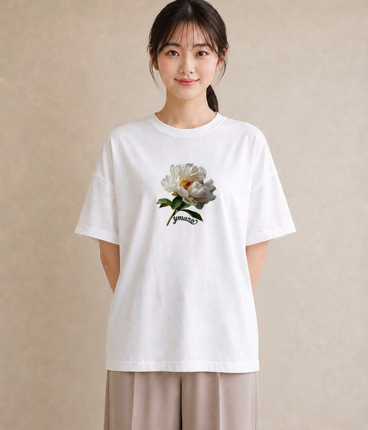 半袖Tシャツ レディース 牡丹 花 花柄 イラスト きれいめカジュアル 旅行用 海 白T YMAZO