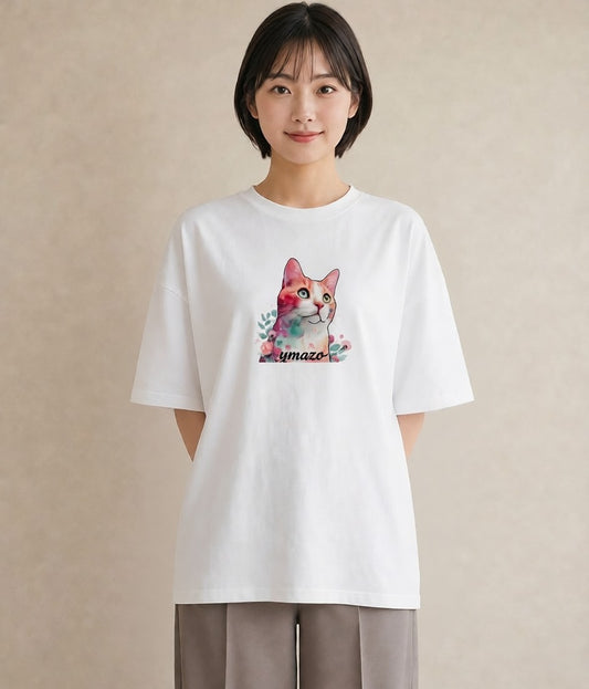 プリントTシャツ レディース ねこ 猫 ネコ イラスト 水彩風 母の日 ビーチ 白T YMAZO