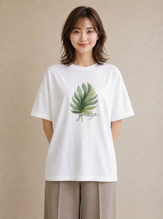 プリントTシャツ レディース 新緑 植物 ボタニカル イラスト 上品 海 カフェ巡り 白T YMAZO