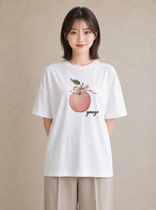 プリントTシャツ レディース りんご 林檎 アップル 食べ物 フード イラスト ガーリー 帰省 ラフ 白T YMAZO