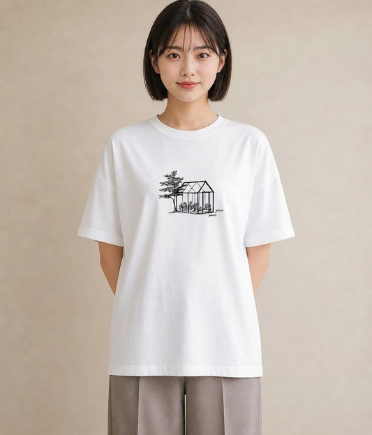 グラフィックTシャツ レディース 灯りの家 小屋 夜 ナチュラル アンティーク イラスト 水彩風 散歩 お出かけ 白T YMAZO