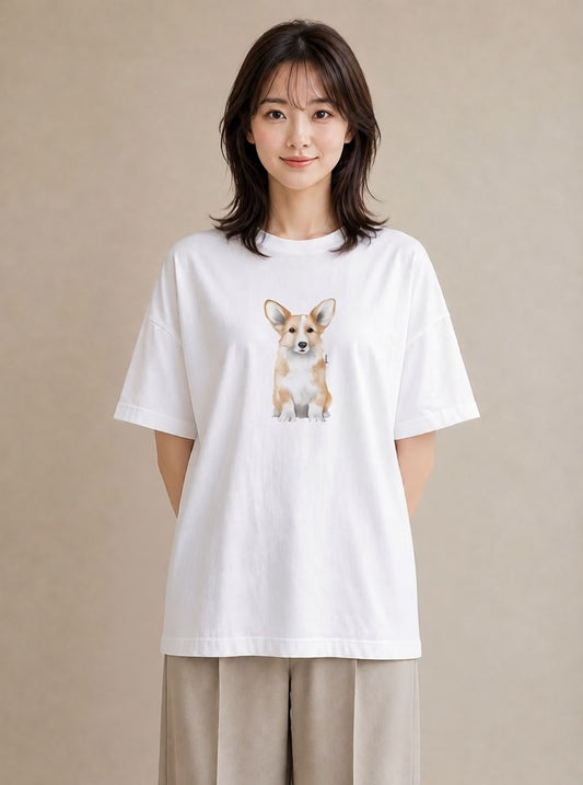 デザインTシャツ レディース ウェルシュコーギー コーギー 犬 いぬ イラスト シック 在宅 公園 白T YMAZO