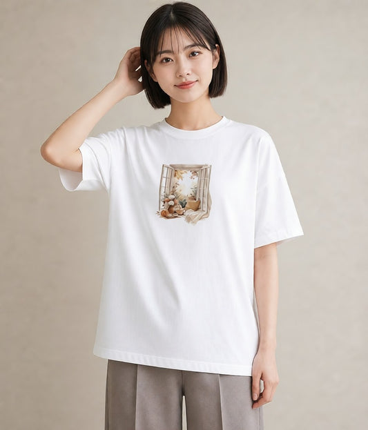 グラフィックTシャツ レディース 窓辺の雨 雨の日 窓 ナチュラル アンティーク イラスト 上品 敬老の日 ホワイトデー 白T