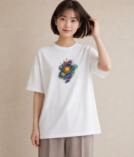 デザインTシャツ レディース 土星 星空 宇宙 イラスト ボタニカル 夏コーデ 通学 白T YMAZO