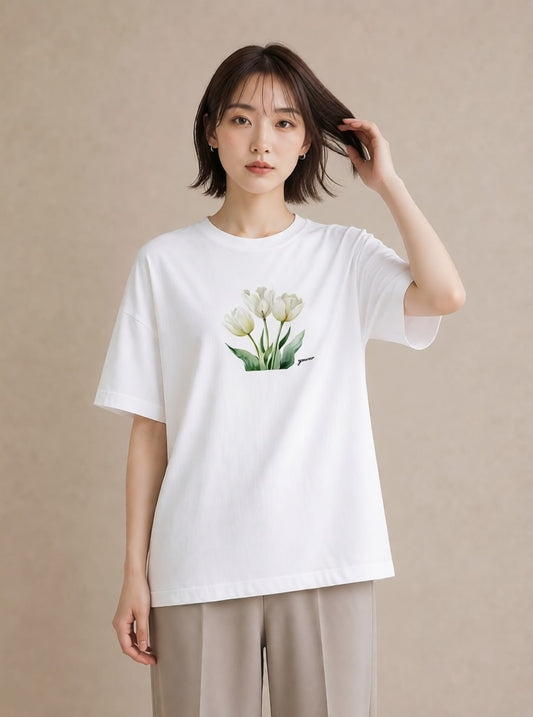 デザインTシャツ レディース チューリップ 花 花柄 イラスト 敬老の日 ホワイトデー 白T YMAZO