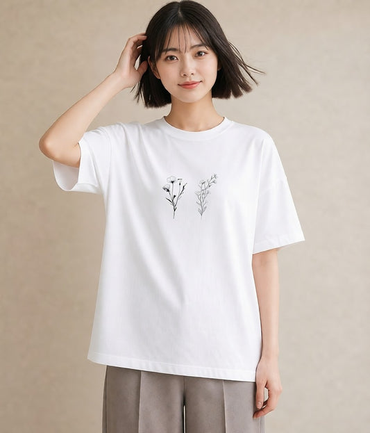 半袖Tシャツ レディース 小花 花 フラワー イラスト ガーリー 夏コーデ 通学 白T YMAZO