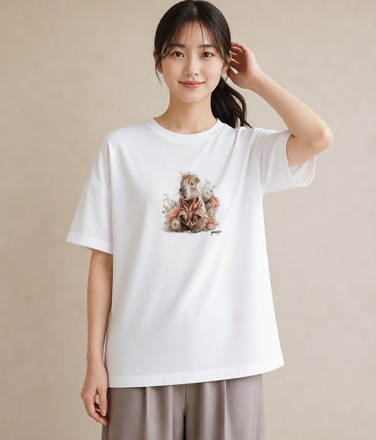 半袖Tシャツ レディース ジャンガリアンハムスター ペット 動物 イラスト 可愛い 公園 ママ 白T YMAZO