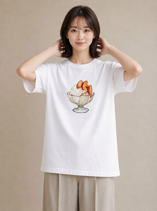 デザインTシャツ レディース もも 食べ物 フード イラスト ヴィンテージ風 休日 ペアコーデ 白T YMAZO