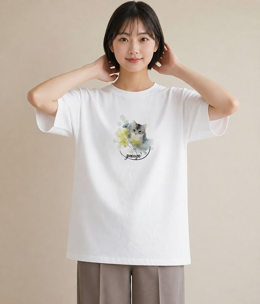 半袖Tシャツ レディース ペルシャ 猫 ねこ イラスト ミニマル カジュアルコーデ 買い物 白T YMAZO