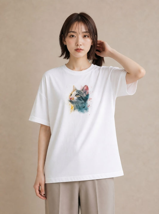 プリントTシャツ レディース ロシアンブルー 猫 ねこ イラスト ビーチ デイリーウェア 白T YMAZO