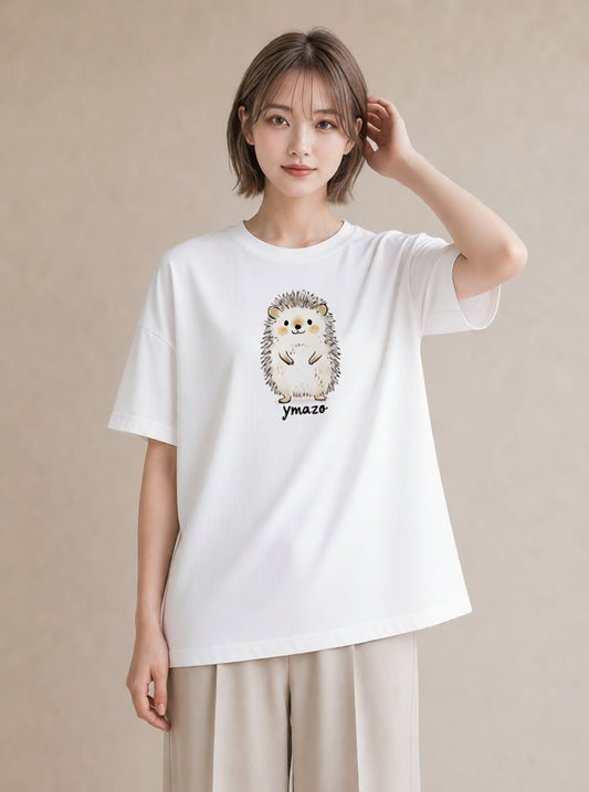 半袖Tシャツ レディース ハリネズミ ペット 動物 イラスト カジュアル 友達ギフト 部屋着 白T YMAZO