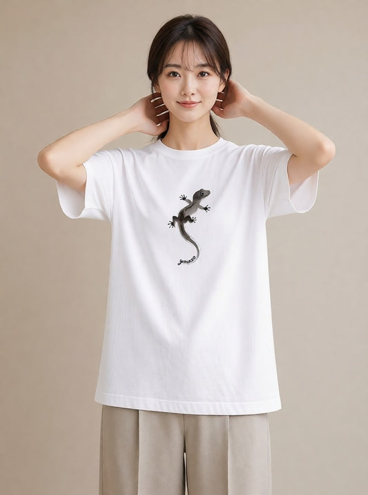 グラフィックTシャツ レディース ヤモリ ペット 動物 イラスト ラフ レイヤード 白T YMAZO