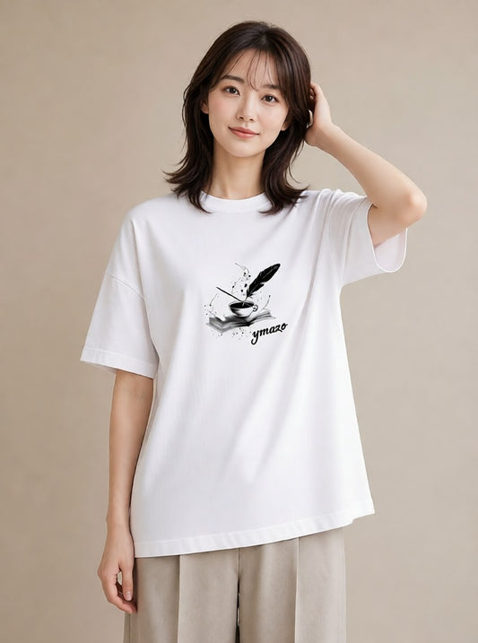デザインTシャツ レディース 本 読書 ブック イラスト カフェコーデ 休日 ペアコーデ 白T YMAZO