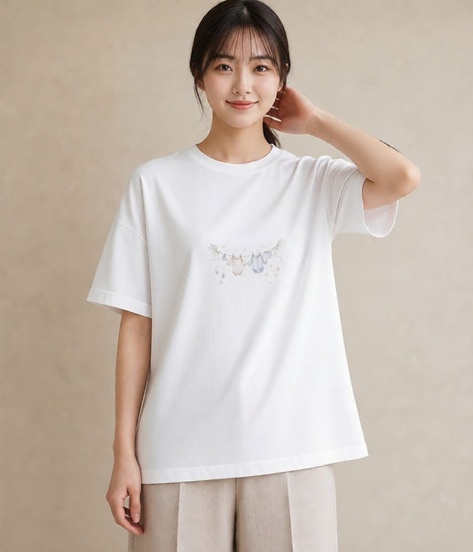 グラフィックTシャツ レディース 洗濯物 風 ナチュラル アンティーク イラスト ポップ 自分用 ルームウェア 白T