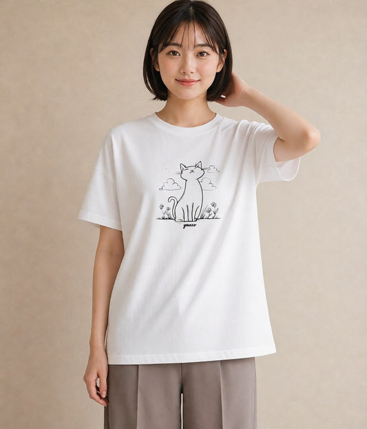 プリントTシャツ レディース 猫 ねこ ネコ イラスト モード 女性 旅行用 白T YMAZO