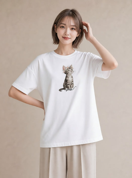 デザインTシャツ レディース キジトラ 猫 ねこ イラスト シック 買い物 夏コーデ 白T YMAZO