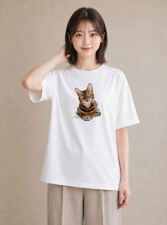 Tシャツ レディース しっぽ 猫 ねこ イラスト アート風 カフェ巡り 女子会 白T YMAZO