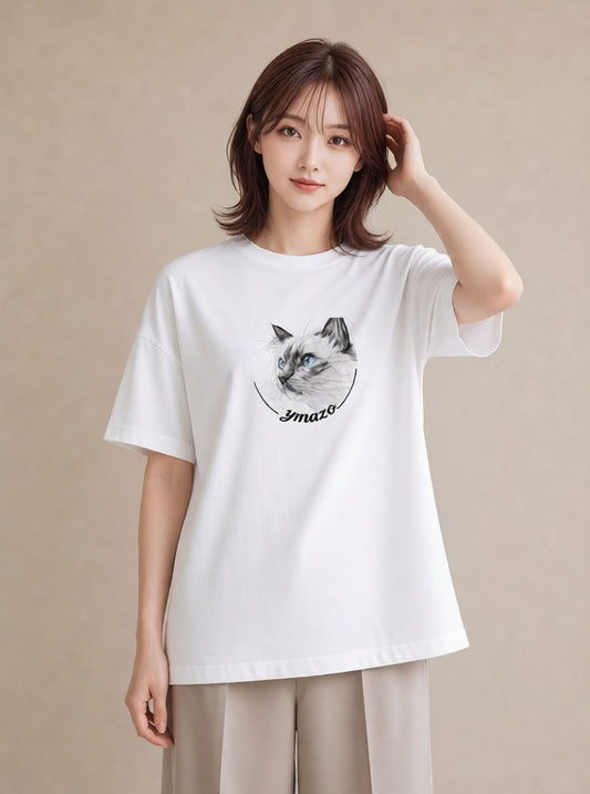 半袖Tシャツ レディース シャム柄 猫 ねこ イラスト 韓国風 通学 誕生日プレゼント 白T YMAZO