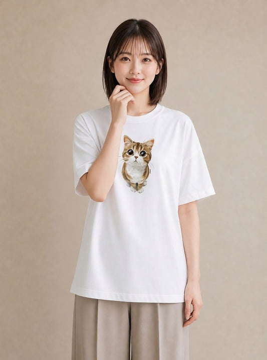 プリントTシャツ レディース 茶トラ 茶猫 猫 ねこ イラスト 旅行コーデ お出かけ 普段着 白T YMAZO