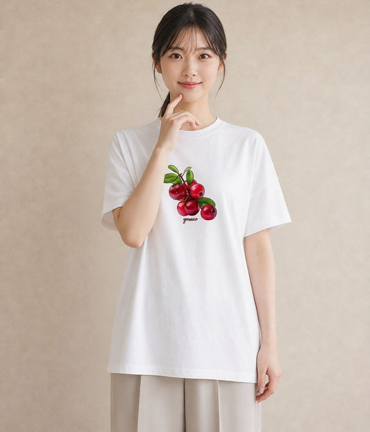 Tシャツ レディース さくらんぼ チェリー 食べ物 フード イラスト 抜け感 女性 旅行用 白T YMAZO