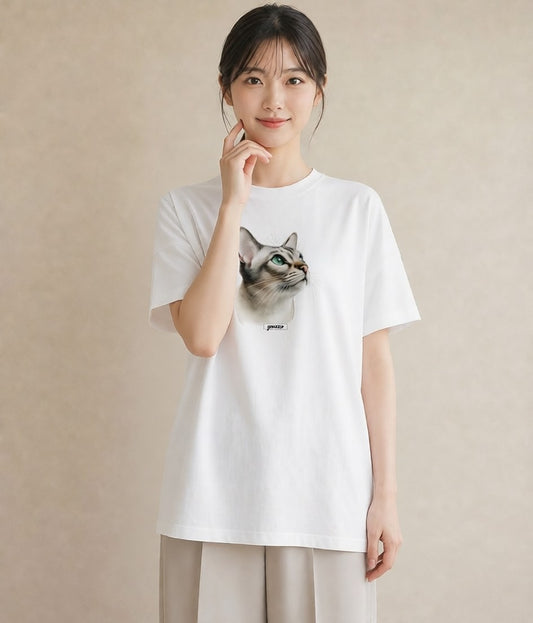 グラフィックTシャツ レディース ブリティッシュショートヘア 猫 ねこ イラスト フェミニン 海 カフェ巡り 白T YMAZO