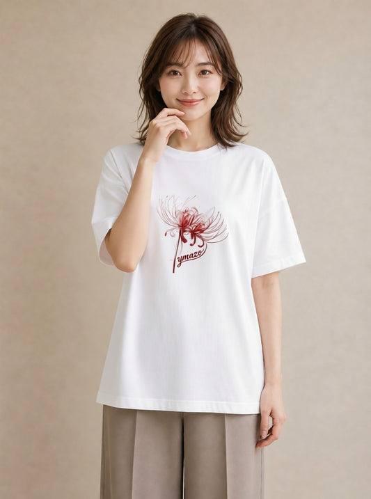 デザインTシャツ レディース 彼岸花 花 花柄 イラスト きれいめ 海 カフェ巡り 白T YMAZO