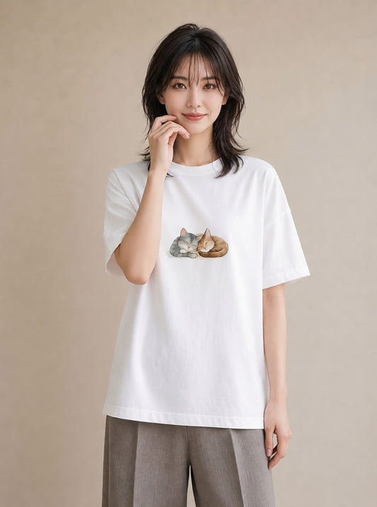 半袖Tシャツ レディース 肉球 猫 ねこ イラスト シンプル ママ カフェ服 白T YMAZO
