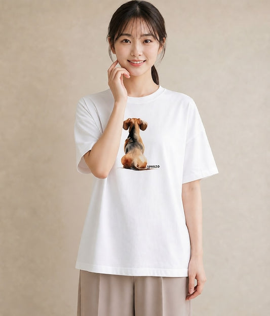 半袖Tシャツ レディース ミニチュアダックスフンド 犬 いぬ イラスト カジュアル ママ カフェ服 白T YMAZO