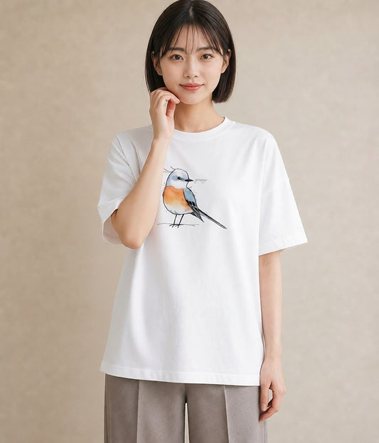 プリントTシャツ レディース 遠い家と鳥 風景 鳥 ナチュラル アンティーク イラスト 手描き風 お出かけ 普段着 白T YMAZO