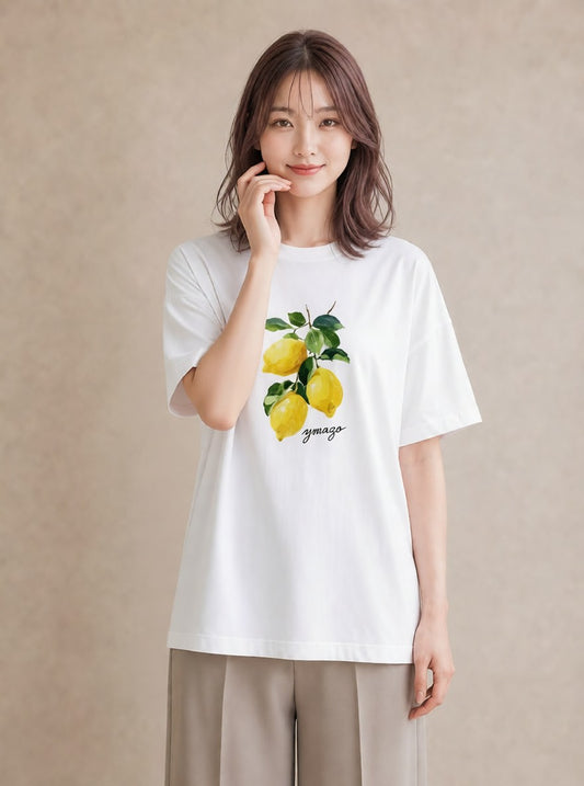 グラフィックTシャツ レディース レモン 檸檬 食べ物 フード イラスト きれいめカジュアル お出かけ 普段着 白T YMAZO