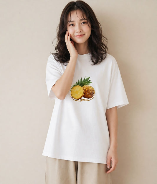 デザインTシャツ レディース パイナップル 食べ物 フード イラスト ゆるかわ 社会人 女性 白T YMAZO