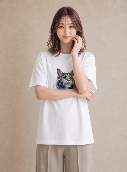 Tシャツ レディース ぶち猫 猫 ねこ イラスト シンプル ビーチ デイリーウェア 白T YMAZO