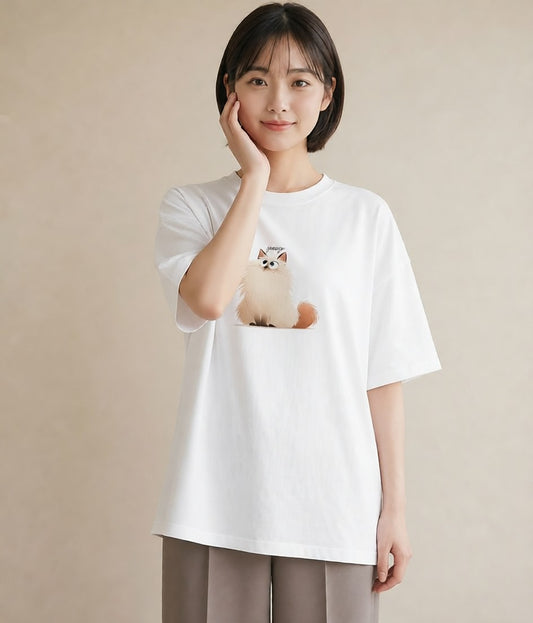 デザインTシャツ レディース ペルシャ 猫 ねこ イラスト シック レイヤード 友達ギフト 白T YMAZO