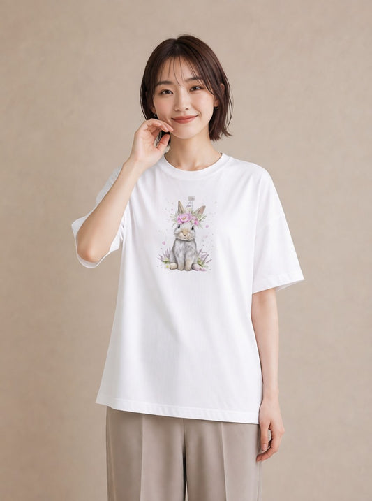 半袖Tシャツ レディース ライオンラビット ペット 動物 イラスト シック 自分用 ルームウェア 白T YMAZO