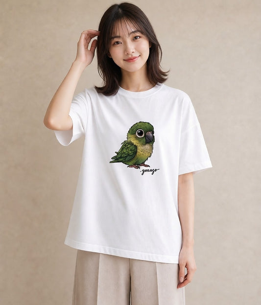 半袖Tシャツ レディース ボタンインコ ペット 動物 イラスト ニュアンス ママ カフェ服 白T YMAZO