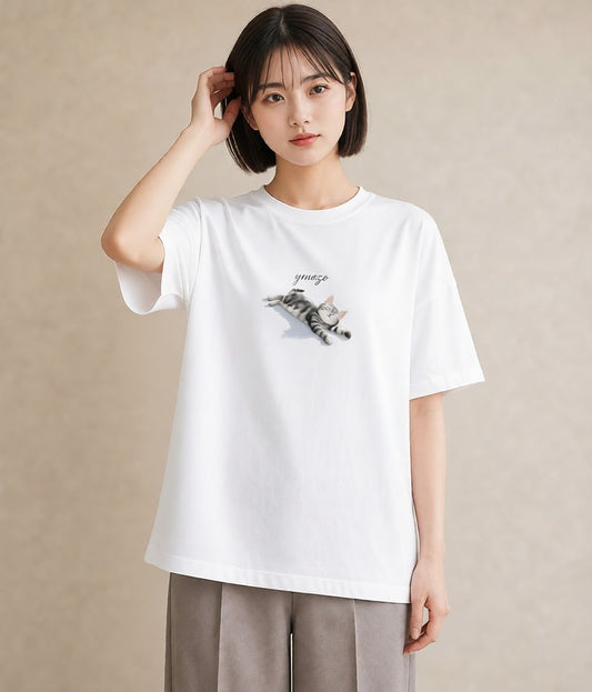 プリントTシャツ レディース ベンガル 猫 ねこ イラスト ゆるかわ 海 カフェ巡り 白T YMAZO