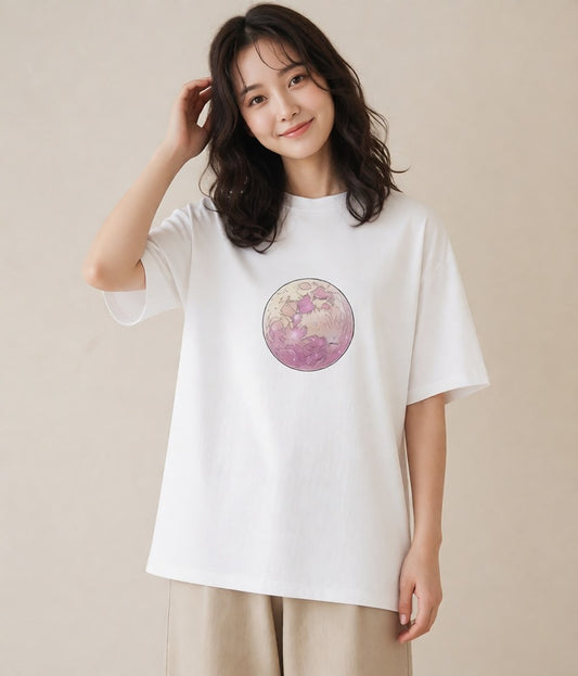 半袖Tシャツ レディース 満月 星空 宇宙 イラスト きれいめ ママ カフェ服 白T YMAZO