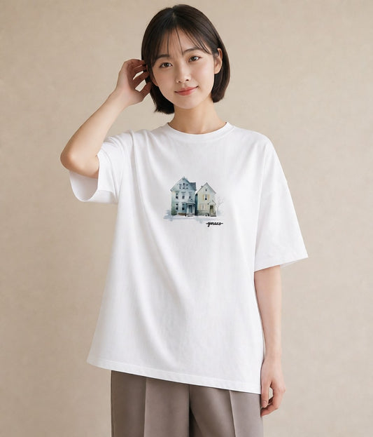 グラフィックTシャツ レディース 湖畔の小屋 湖 小屋 ナチュラル アンティーク イラスト ラフカジュアル 女性 旅行用 白T
