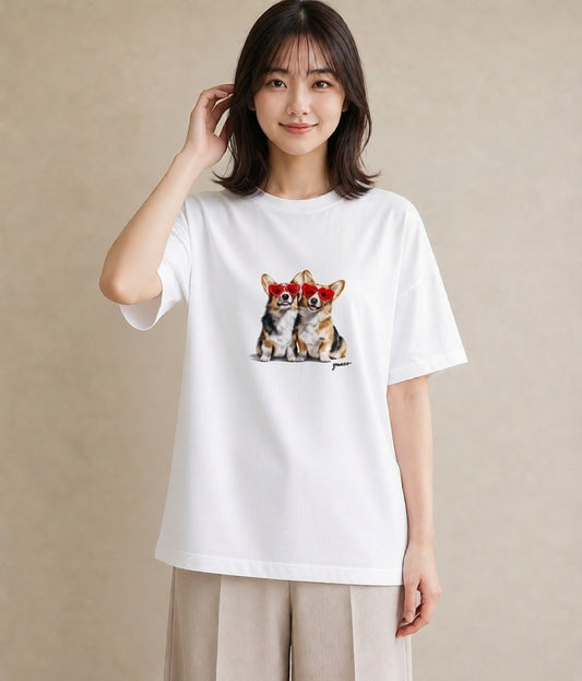 デザインTシャツ レディース ウェルシュコーギー コーギー 犬 いぬ イラスト ポップ 女子会 お揃い 白T YMAZO