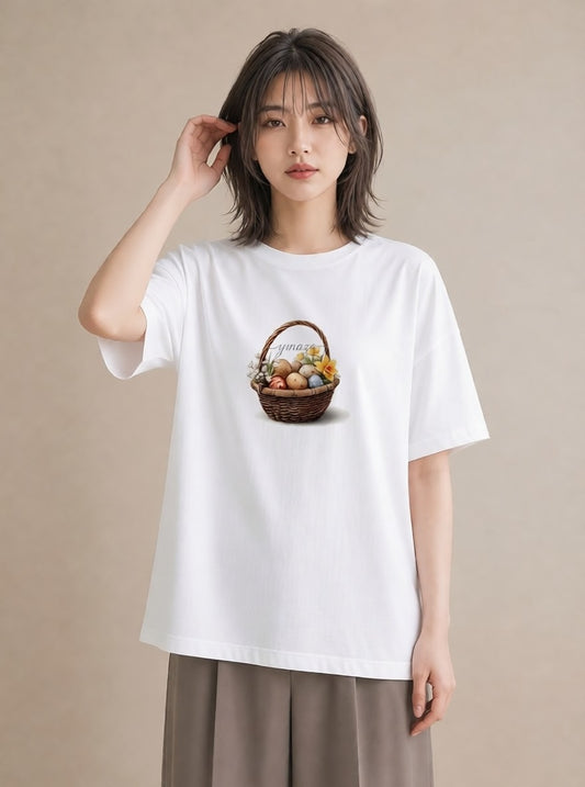 半袖Tシャツ レディース 自転車のかご 自転車 花かご ナチュラル アンティーク イラスト アート風 休日 ペアコーデ 白T YMAZO
