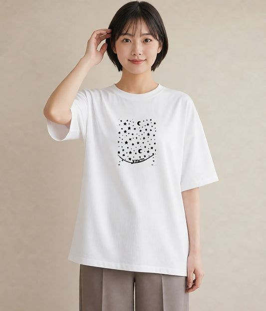 半袖Tシャツ レディース 月と星 星空 ムーン イラスト ミニマル 敬老の日 ホワイトデー 白T YMAZO
