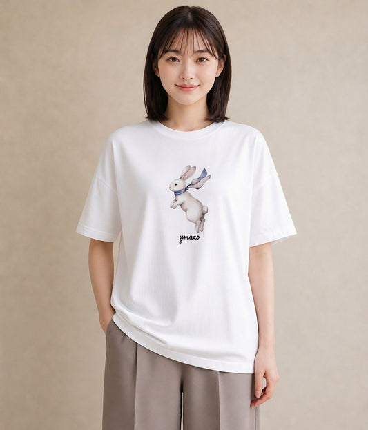 プリントTシャツ レディース うさぎ ウサギ ラビット ペット 動物 イラスト 上品 部屋着 女性向けギフト 白T YMAZO