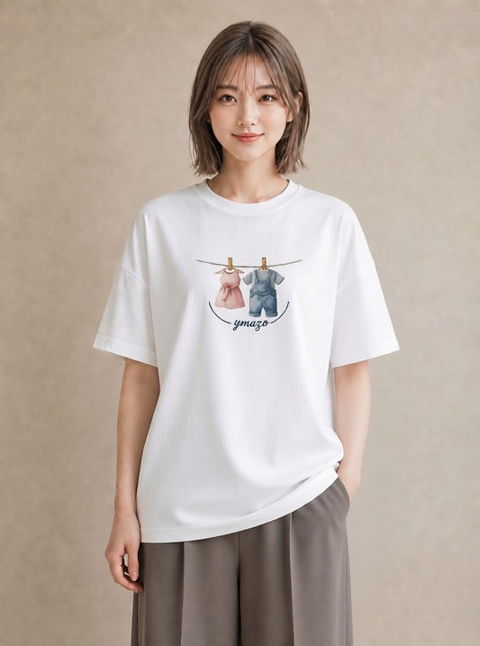 プリントTシャツ レディース 洗濯物 風 ナチュラル アンティーク イラスト 個性的 デイリーウェア 休日 白T